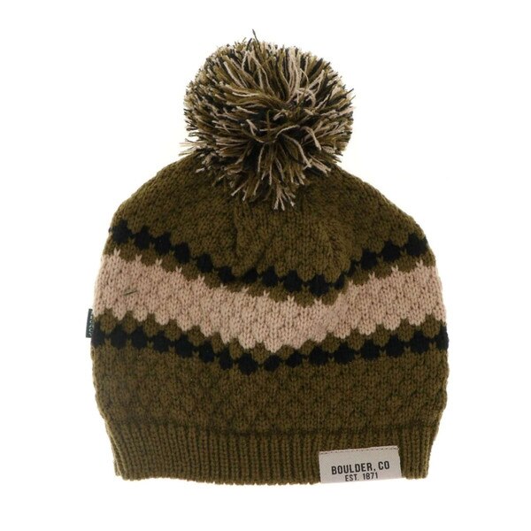 This beanie is olive green with two small stripes surrounding larger beige stripe. The pom is the three of these colors. The Boulder, Colorado tag is beige with black writing.